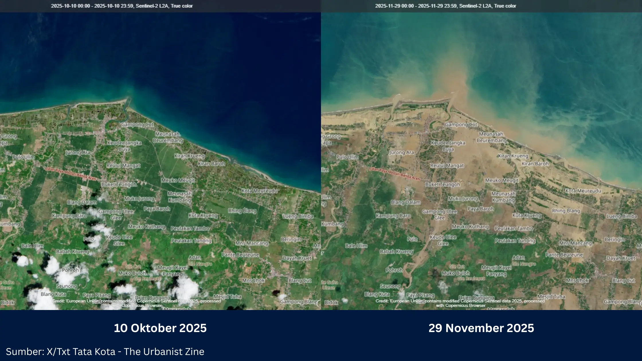 Citra Satelit Sentinel-2 Ungkap Perubahan Lanskap Akibat Banjir dan Tanah Longsor di Sumatera